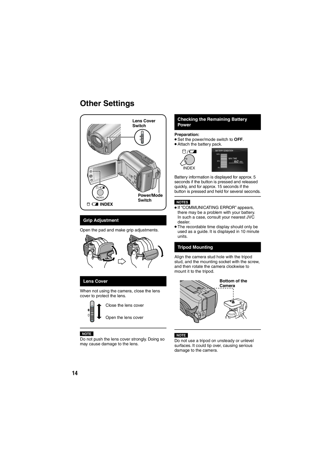 JVC GZ-MG275E/EK Other Settings, Checking the Remaining Battery Power, Grip Adjustment, Lens Cover, Tripod Mounting 
