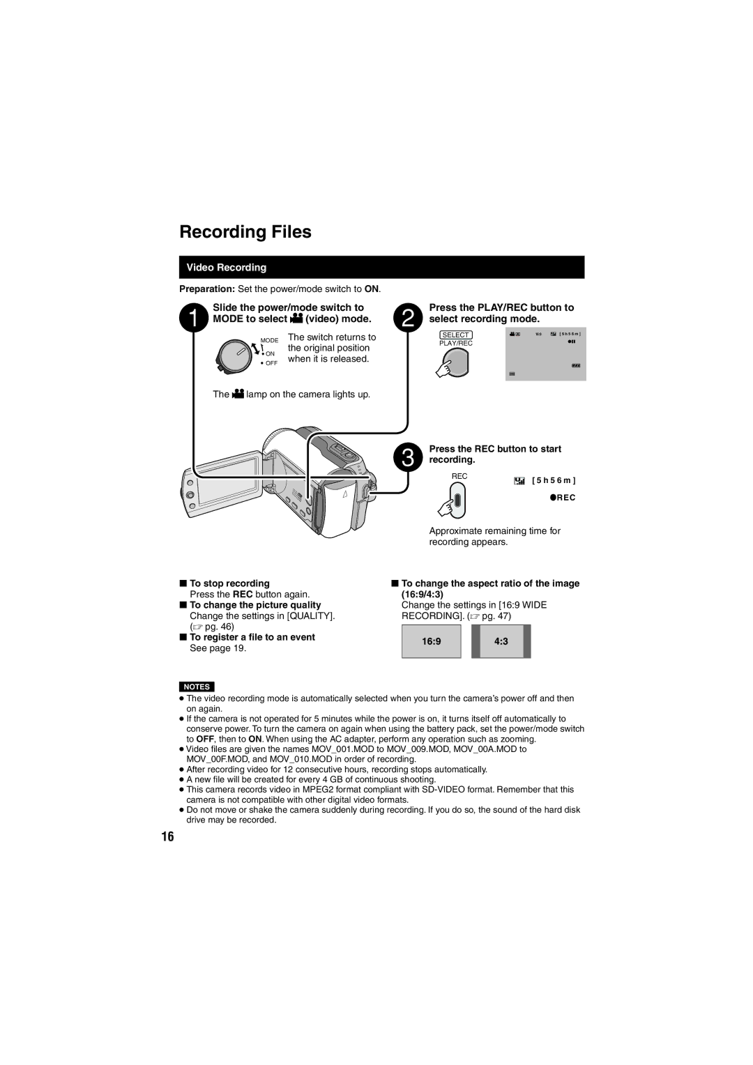 JVC GZ-MG135E/EK, GZ-MG155E/EK Recording Files, Video Recording, Press the PLAY/REC button to select recording mode 