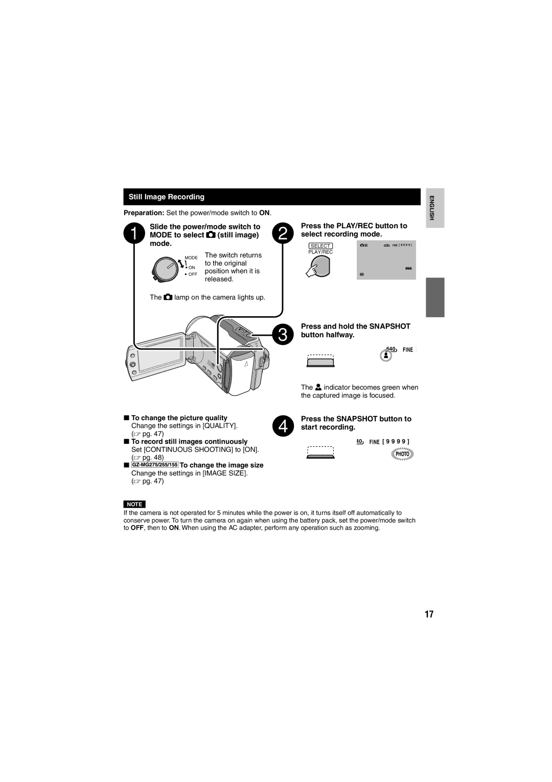 JVC GZ-MG130E/EK Still Image Recording, Press and hold the Snapshot button halfway, To record still images continuously 