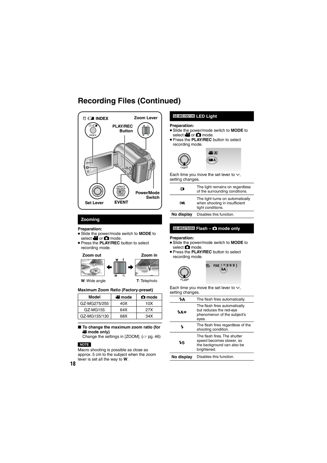 JVC GZ-MG255E/EK, GZ-MG155E/EK, GZ-MG135E/EK, GZ-MG130E/EK, GZ-MG275E/EK Zooming, LED Light, Flash # mode only, Play/Rec 