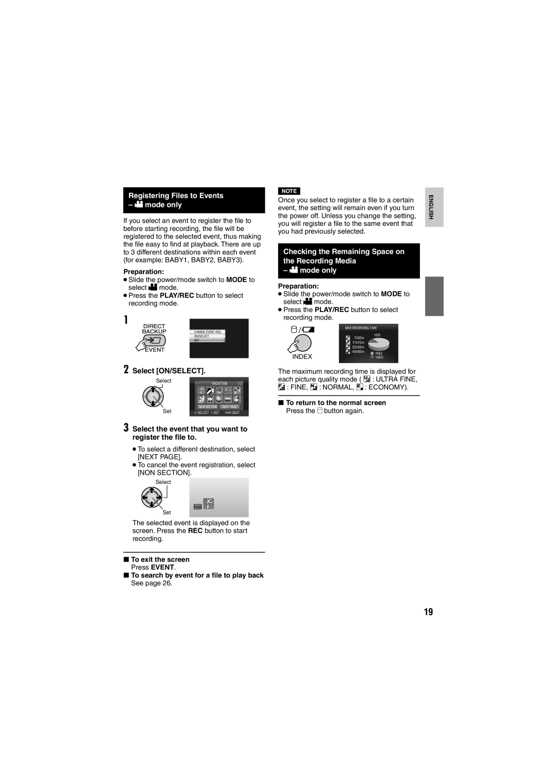 JVC GZ-MG275E/EK, GZ-MG155E/EK Registering Files to Events Mode only, Select ON/SELECT, To return to the normal screen 