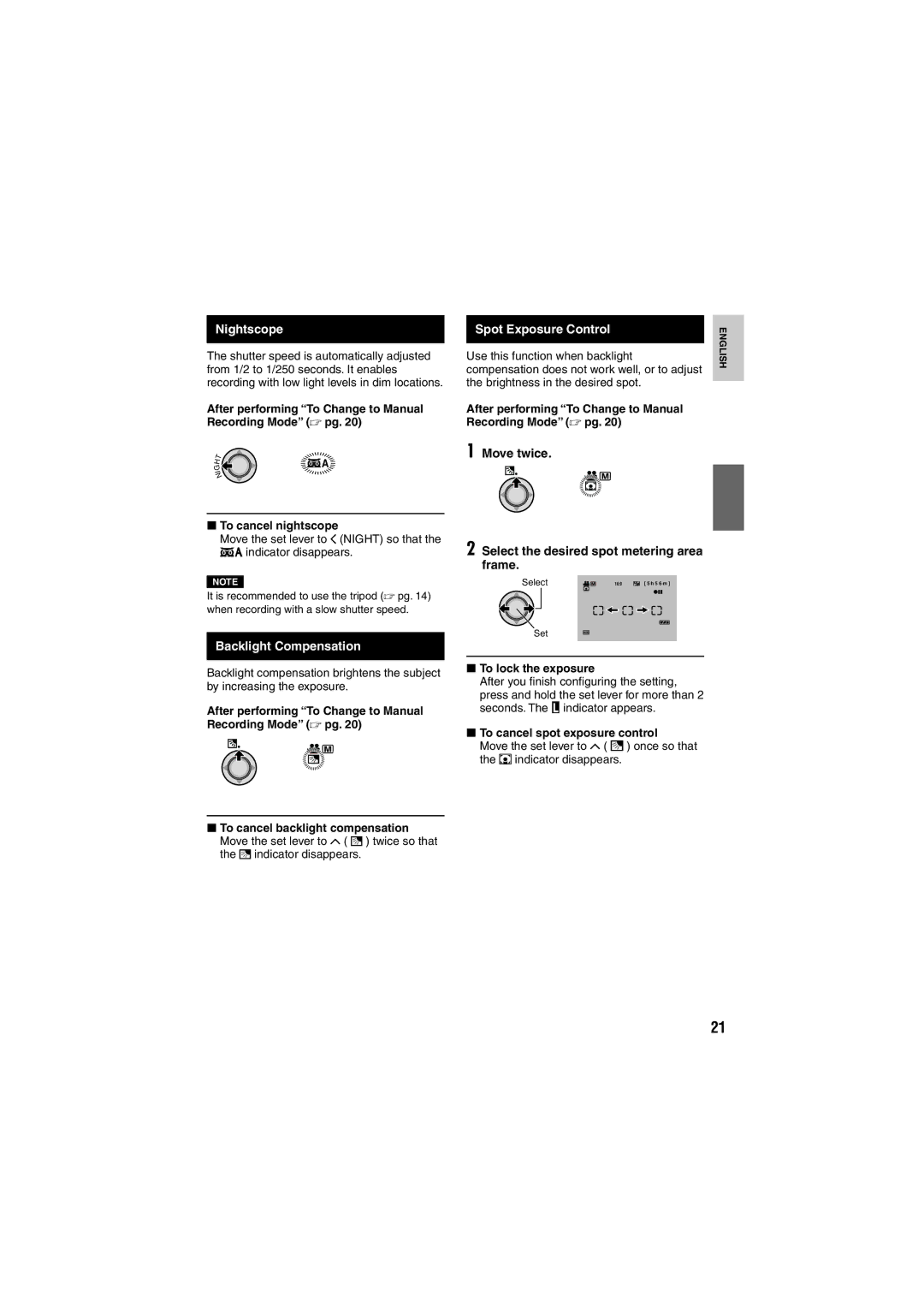 JVC GZ-MG135E/EK, GZ-MG155E/EK, GZ-MG130E/EK, GZ-MG255E/EK Nightscope, Backlight Compensation, Spot Exposure Control 