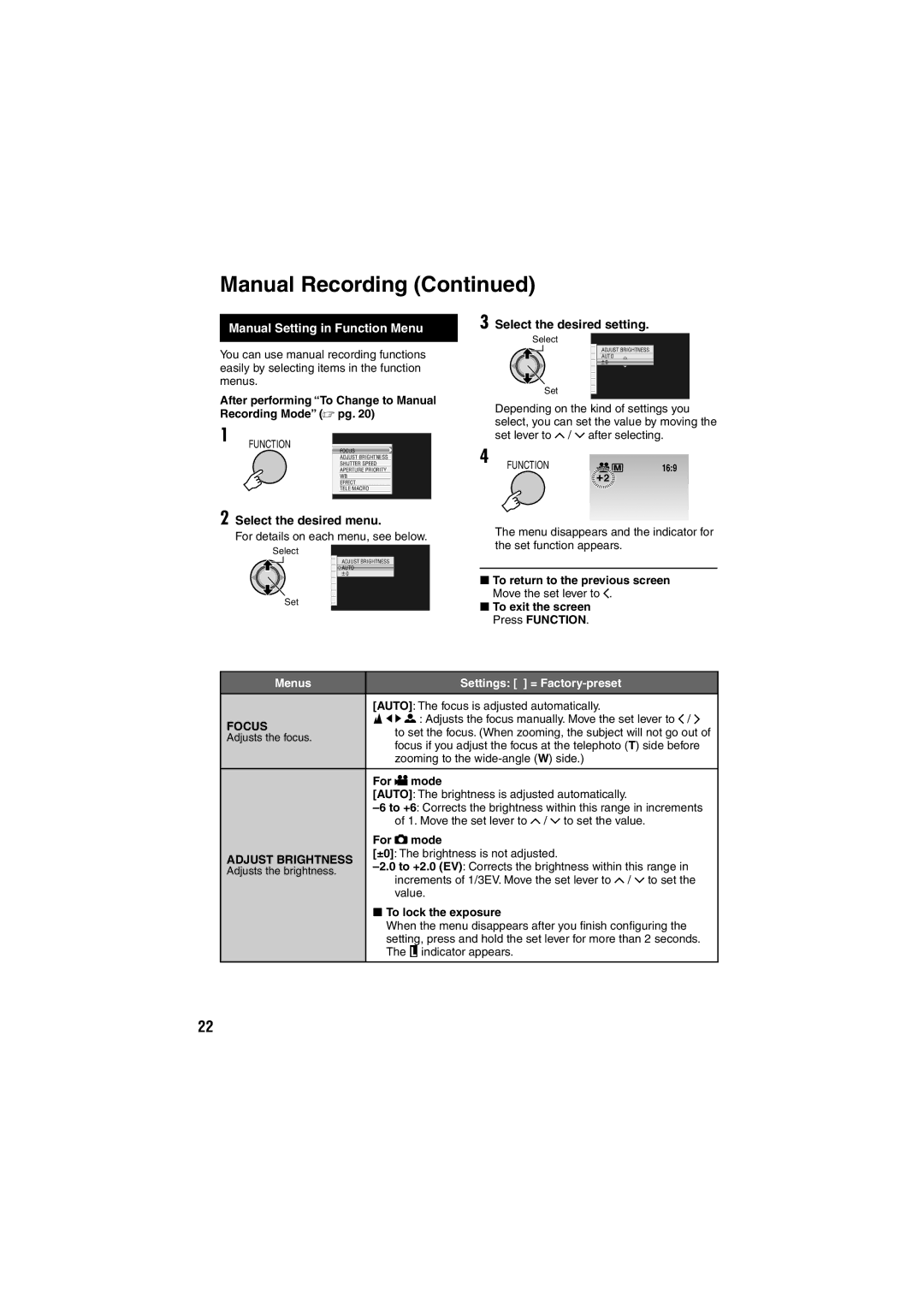 JVC GZ-MG130E/EK, GZ-MG155E/EK Manual Setting in Function Menu, Select the desired menu, Focus, Adjust Brightness 