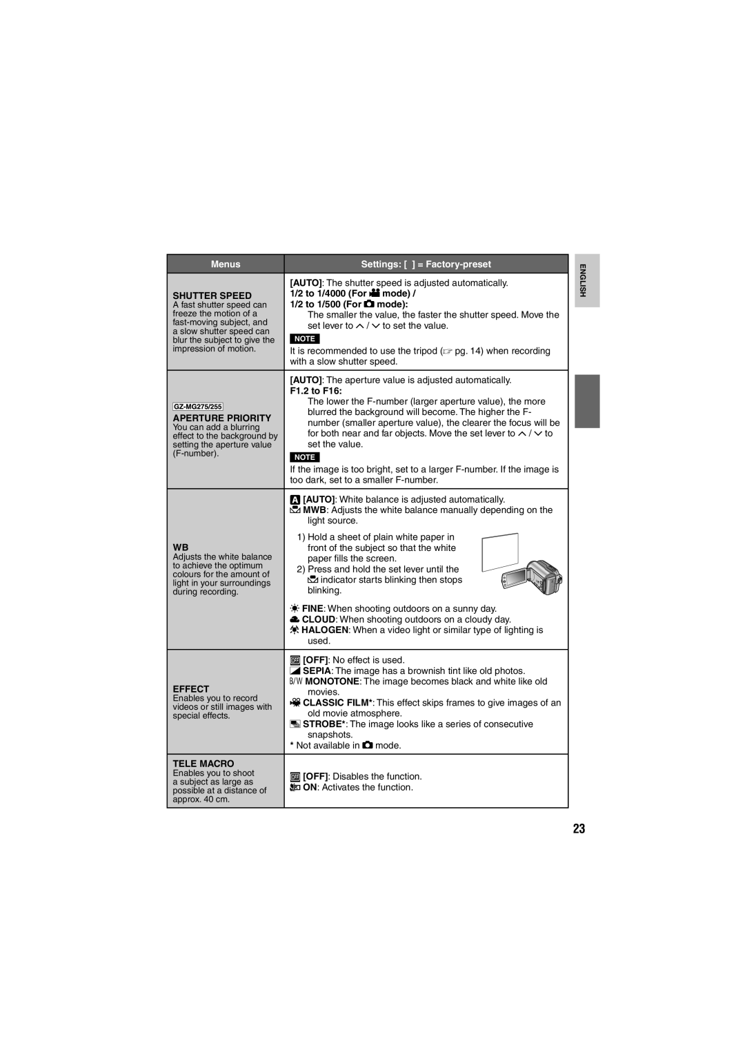 JVC GZ-MG255E/EK, GZ-MG155E/EK, GZ-MG135E/EK, GZ-MG130E/EK, GZ-MG275E/EK Shutter Speed, Aperture Priority, Effect, Tele Macro 