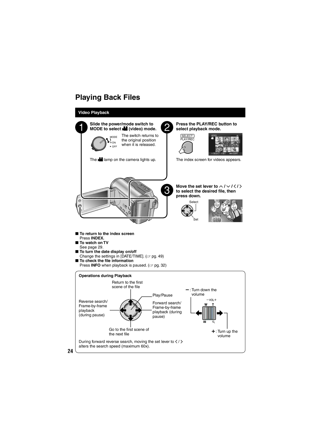 JVC GZ-MG275E/EK, GZ-MG155E/EK Playing Back Files, Video Playback, Press the PLAY/REC button to select playback mode 