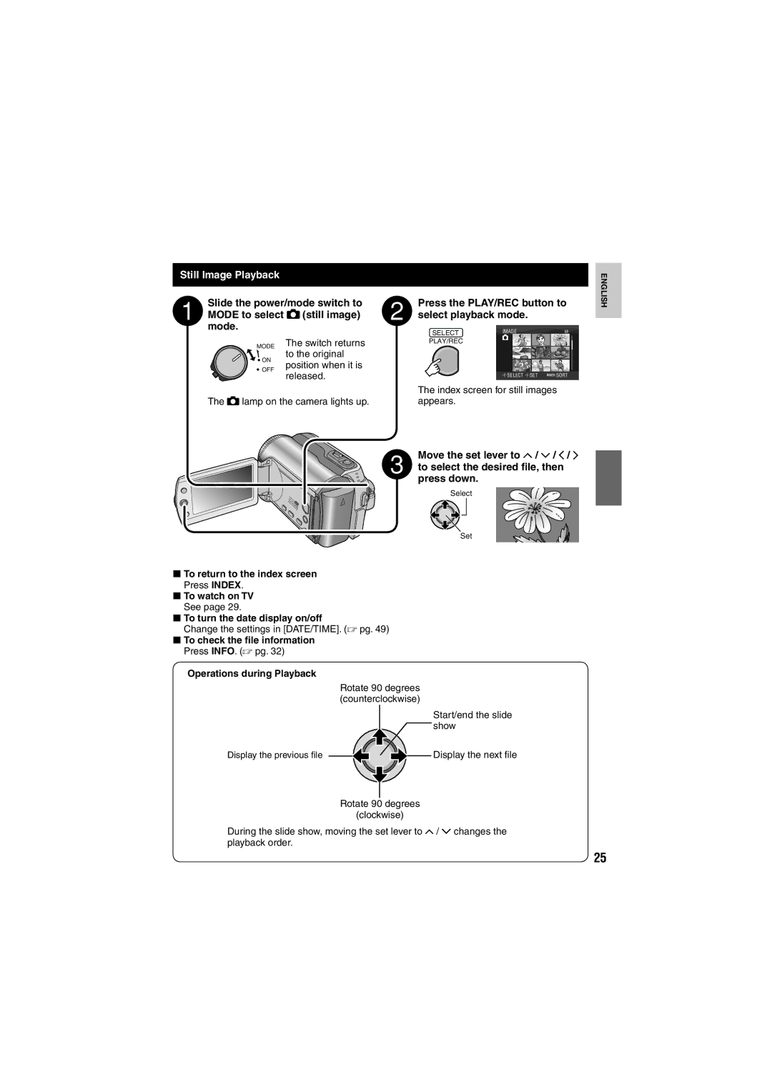 JVC GZ-MG155E/EK, GZ-MG135E/EK, GZ-MG130E/EK, GZ-MG255E/EK, GZ-MG275E/EK instruction manual Still Image Playback 