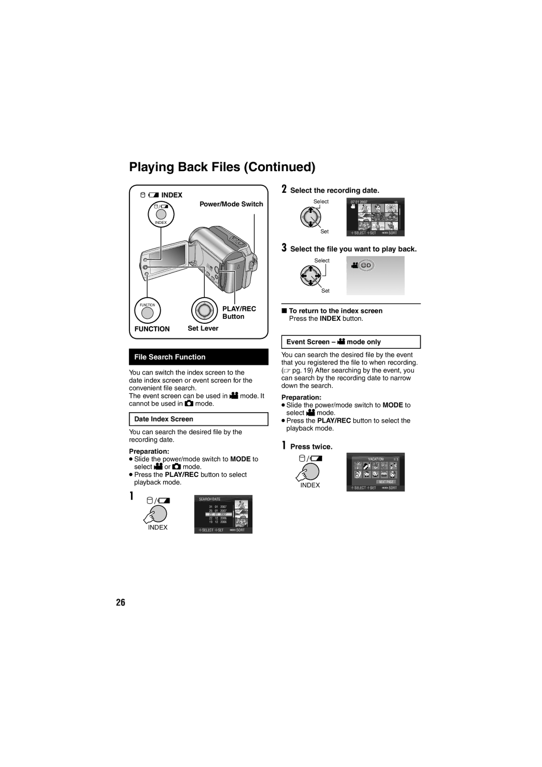 JVC GZ-MG135E/EK File Search Function, Select the recording date, Select the ﬁle you want to play back, Button Set Lever 