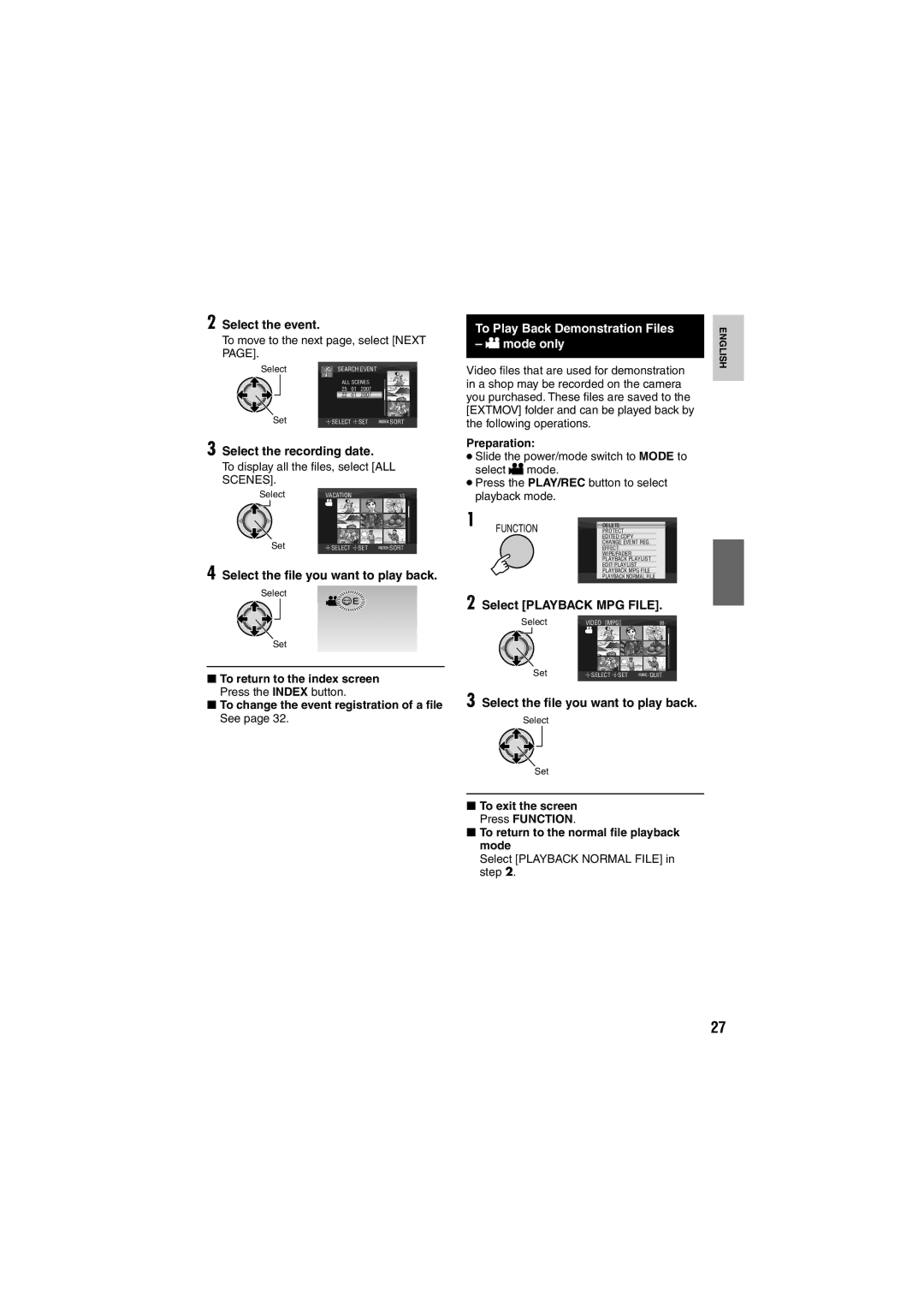 JVC GZ-MG130E/EK, GZ-MG155E/EK Select the event, To Play Back Demonstration Files Mode only, Select Playback MPG File 