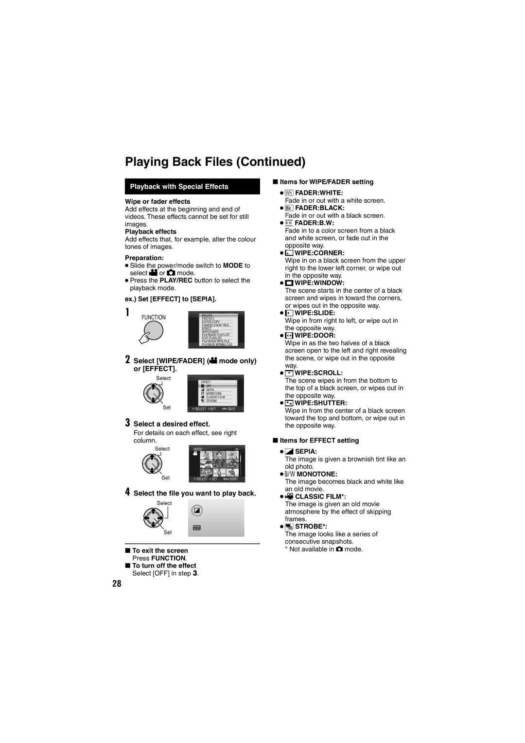 JVC GZ-MG255E/EK Playback with Special Effects, Select WIPE/FADER ! mode only or Effect, Select a desired effect 