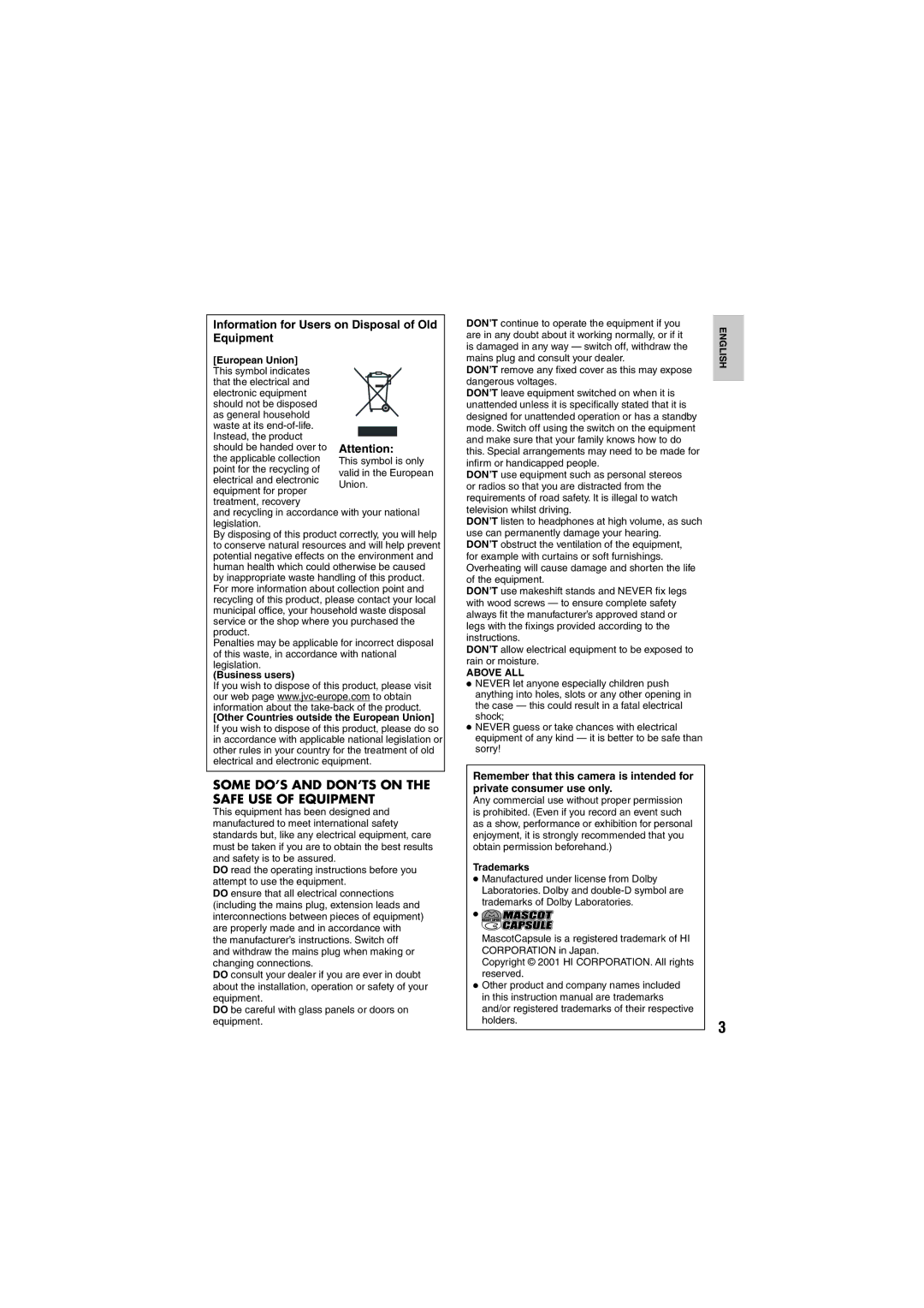 JVC GZ-MG255E/EK, GZ-MG155E/EK, GZ-MG135E/EK Information for Users on Disposal of Old Equipment, European Union, Trademarks 