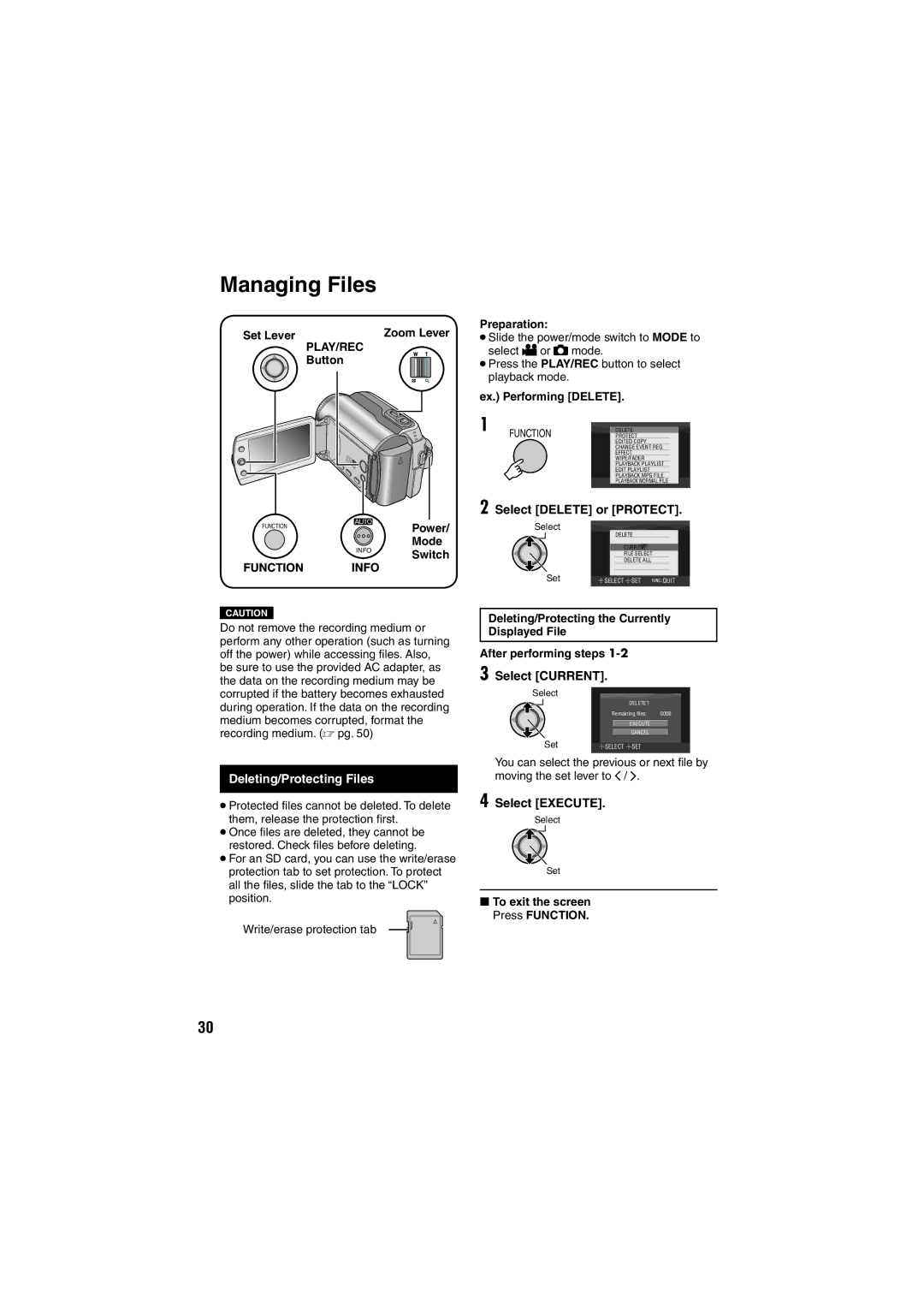 JVC GZ-MG155E/EK Managing Files, Deleting/Protecting Files, Select Delete or Protect, Select Current, Select Execute 