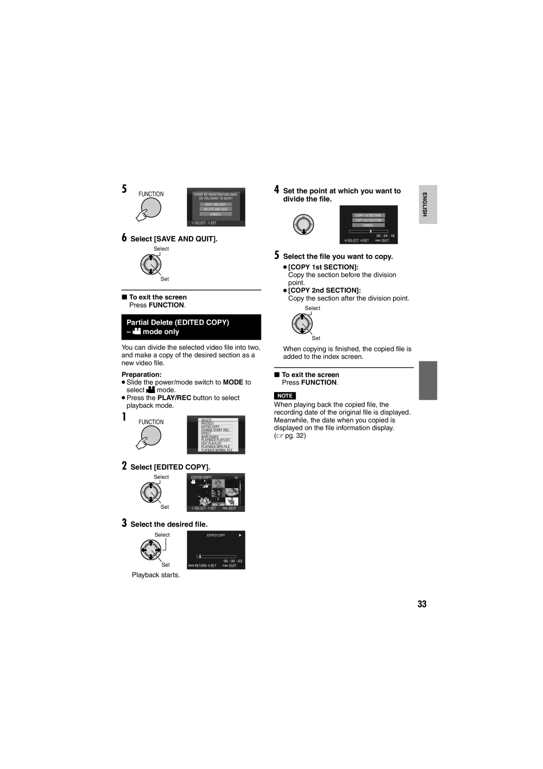 JVC GZ-MG255E/EK, GZ-MG155E/EK Select the ﬁle you want to copy, Partial Delete Edited Copy Mode only, Select Edited Copy 