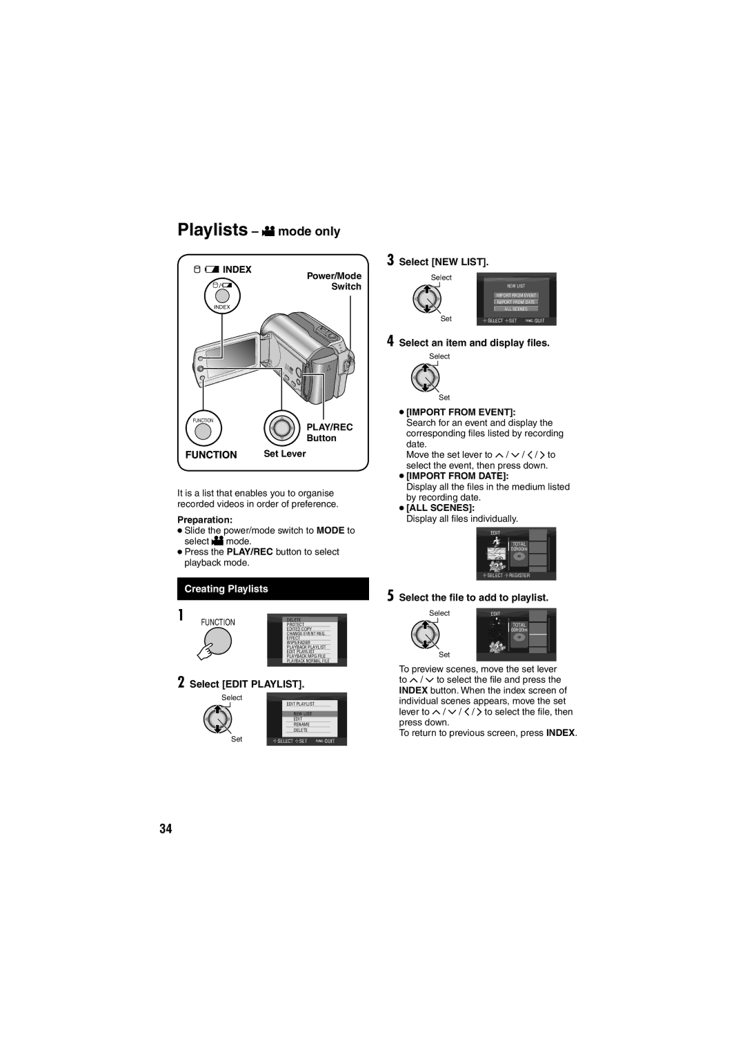 JVC GZ-MG275E/EK, GZ-MG155E/EK Creating Playlists, Select Edit Playlist, Select NEW List, Select an item and display ﬁles 