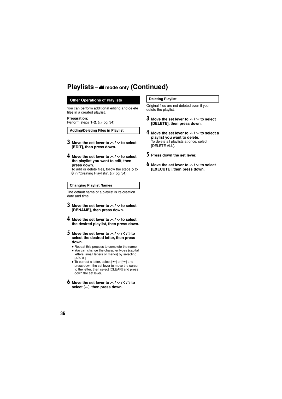 JVC GZ-MG135E/EK Playlists ! mode only, Other Operations of Playlists, Press down the set lever, Deleting Playlist 