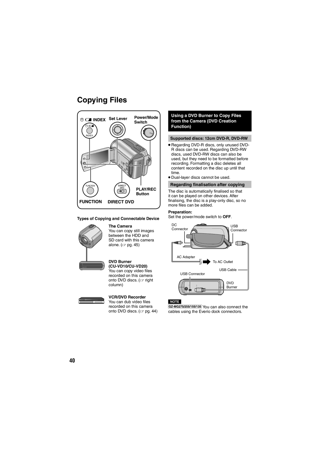 JVC GZ-MG155E/EK, GZ-MG135E/EK, GZ-MG130E/EK, GZ-MG255E/EK, GZ-MG275E/EK Copying Files, Regarding ﬁnalisation after copying 