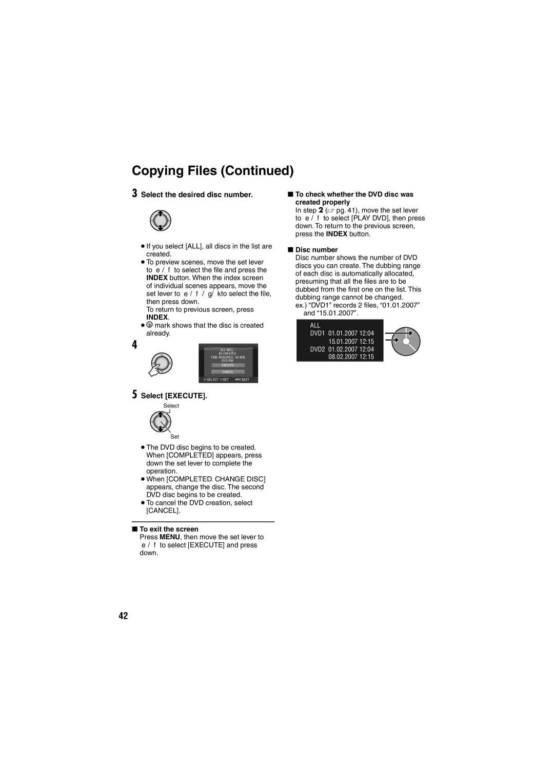 JVC GZ-MG130E/EK Select the desired disc number, To check whether the DVD disc was created properly, Index, Disc number 