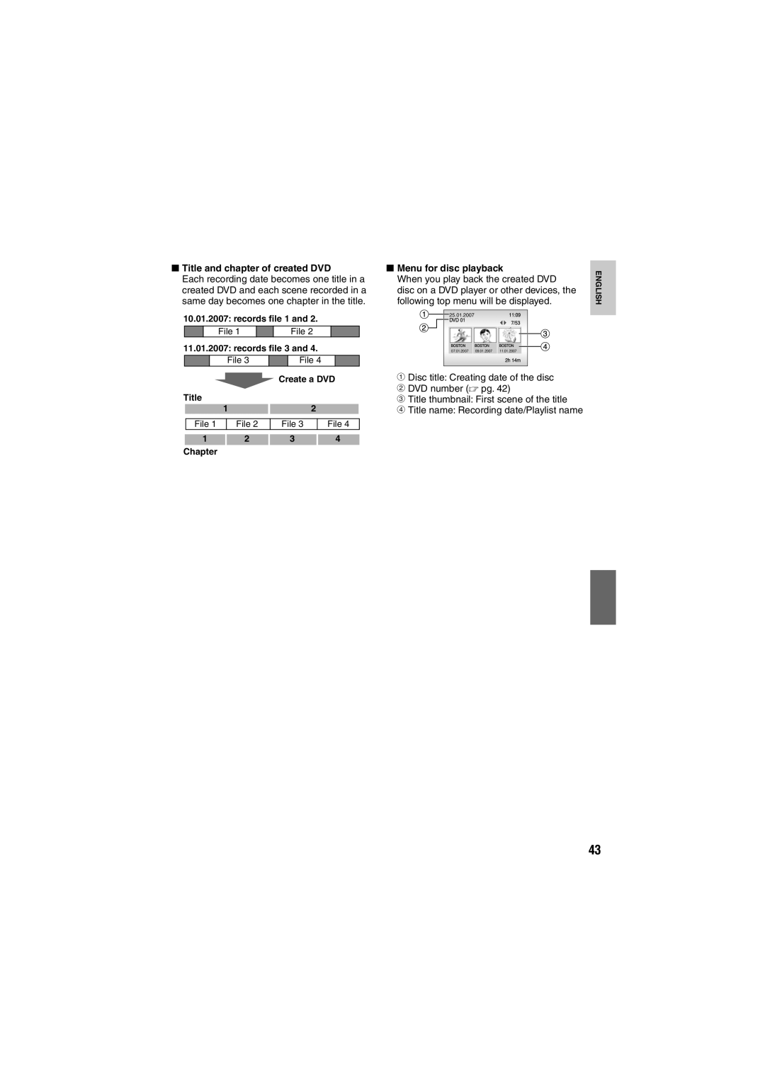 JVC GZ-MG255E/EK, GZ-MG155E/EK, GZ-MG135E/EK Title and chapter of created DVD, Menu for disc playback, Records ﬁle 1 