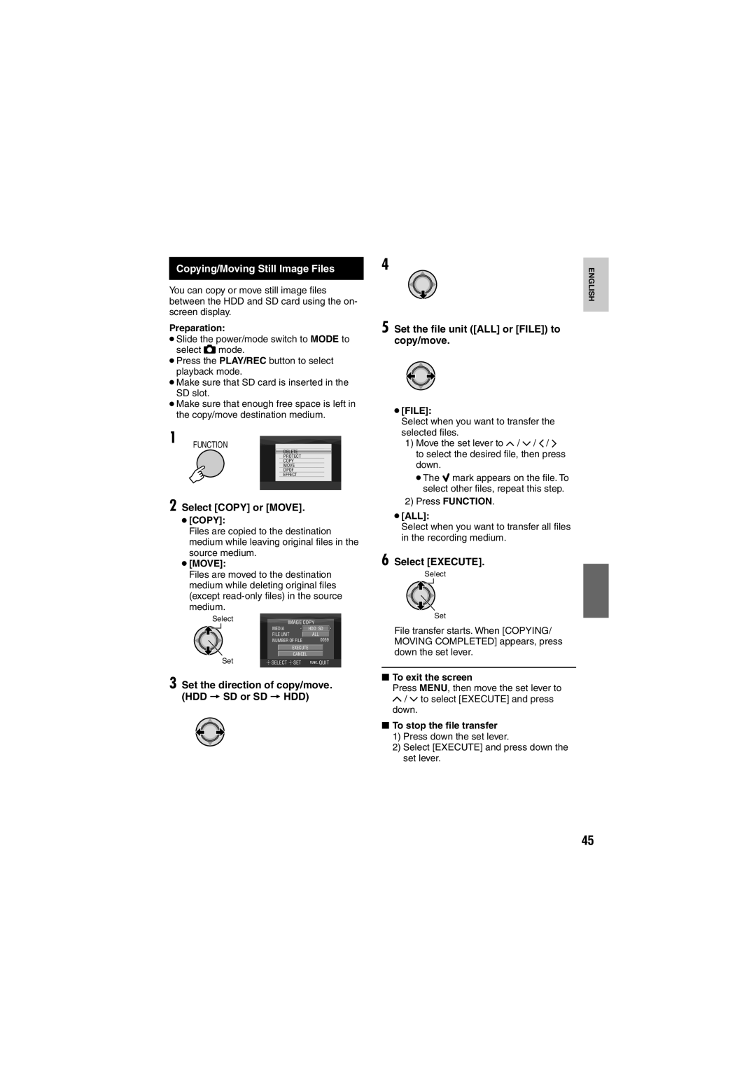 JVC GZ-MG155E/EK Copying/Moving Still Image Files, Select Copy or Move, Set the ﬁle unit ALL or File to copy/move 