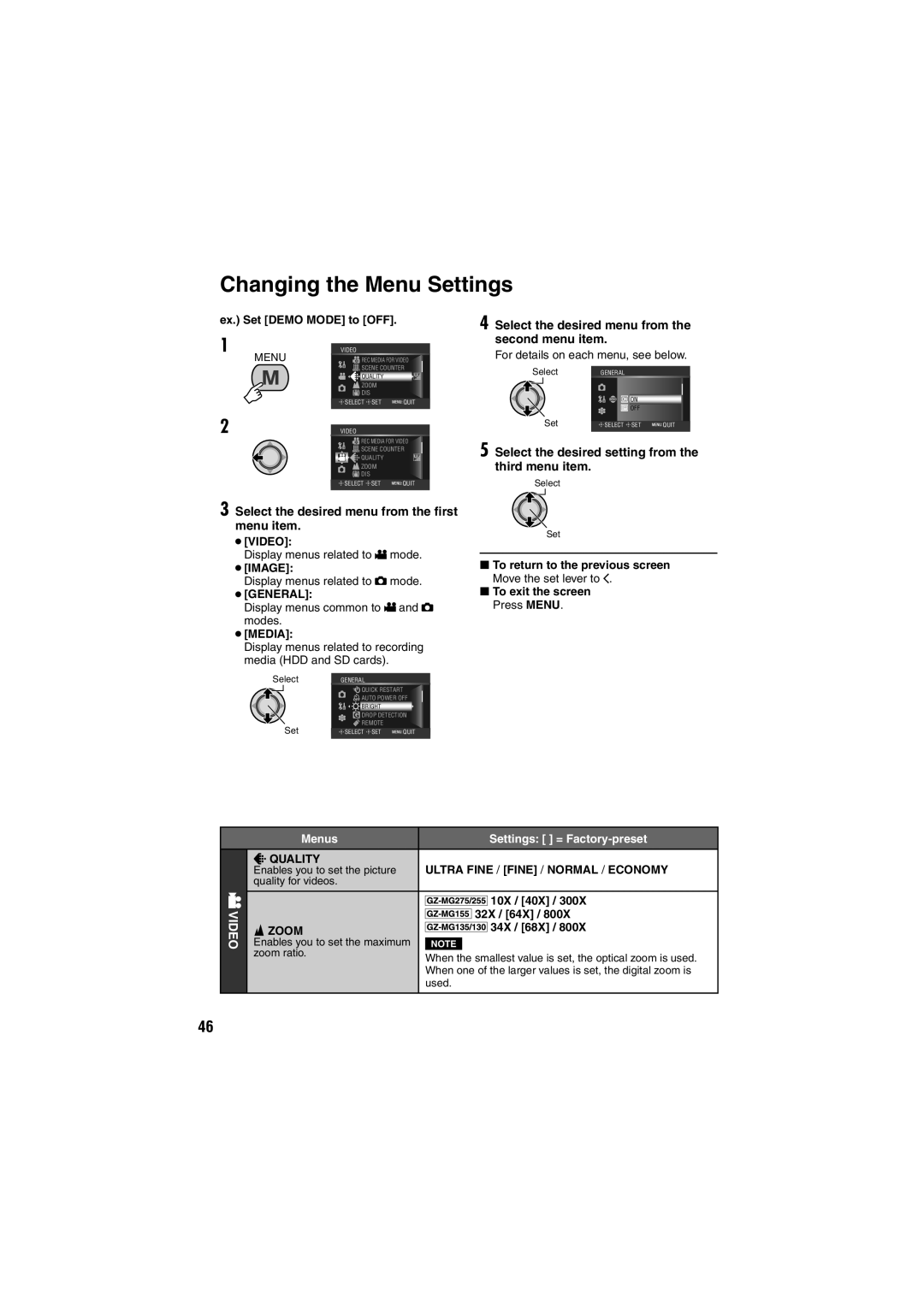 JVC GZ-MG135E/EK, GZ-MG155E/EK, GZ-MG130E/EK Changing the Menu Settings, Select the desired menu from the second menu item 