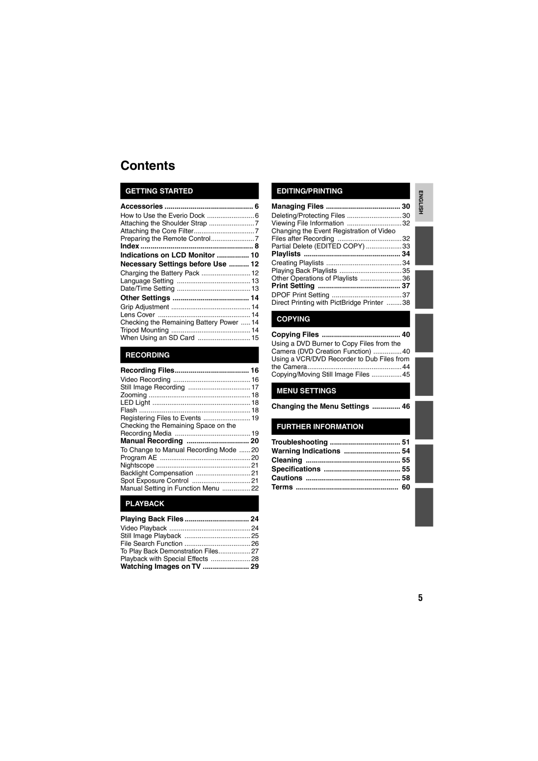 JVC GZ-MG155E/EK, GZ-MG135E/EK, GZ-MG130E/EK, GZ-MG255E/EK, GZ-MG275E/EK instruction manual Contents 