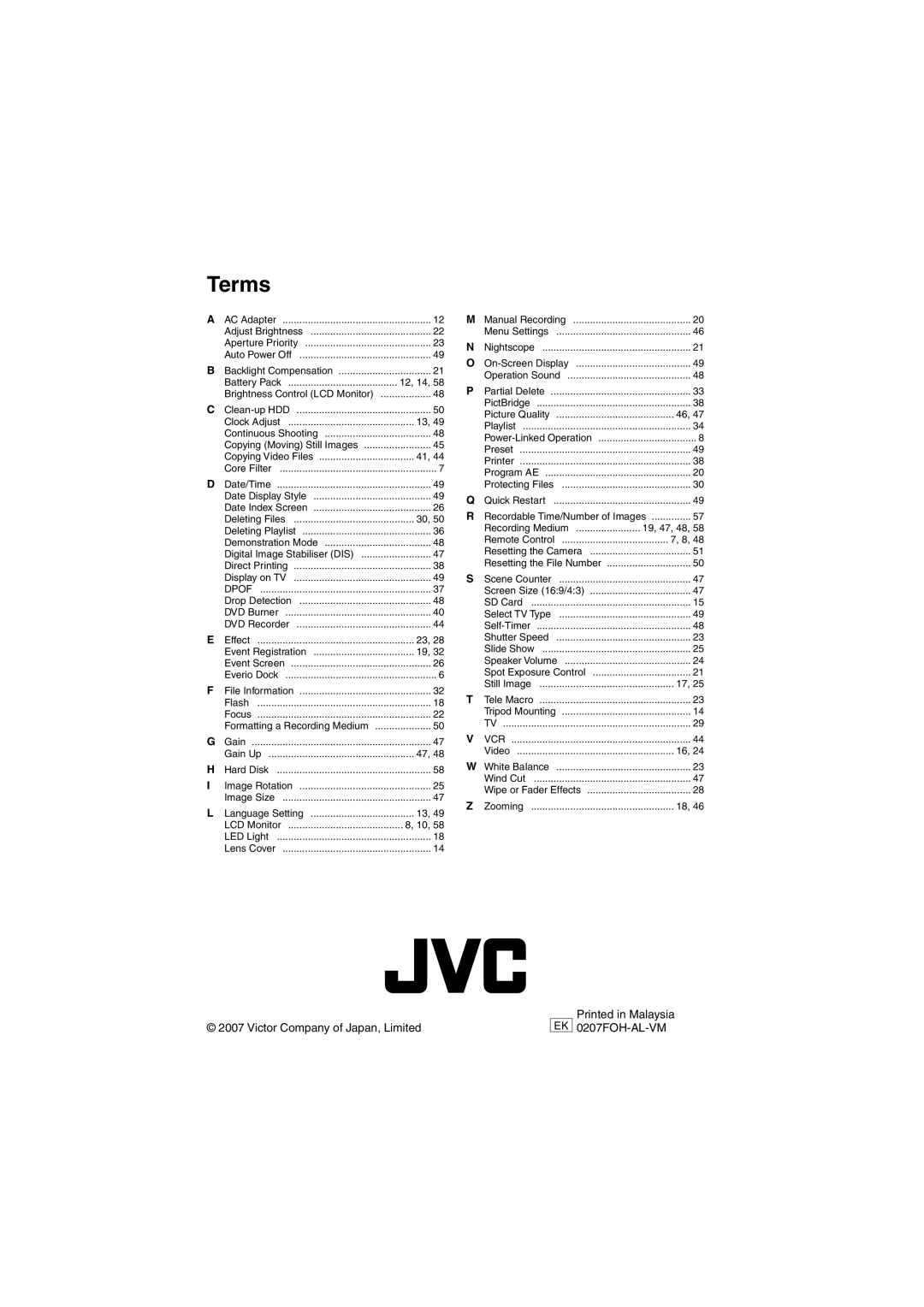 JVC GZ-MG155E/EK, GZ-MG135E/EK, GZ-MG130E/EK, GZ-MG255E/EK, GZ-MG275E/EK Terms, Victor Company of Japan, Limited 