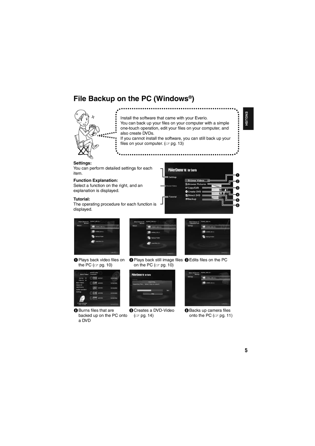 JVC GZ-MG155E/EK, GZ-MG135E/EK, GZ-MG130E/EK File Backup on the PC Windows, Settings, Function Explanation, Tutorial 