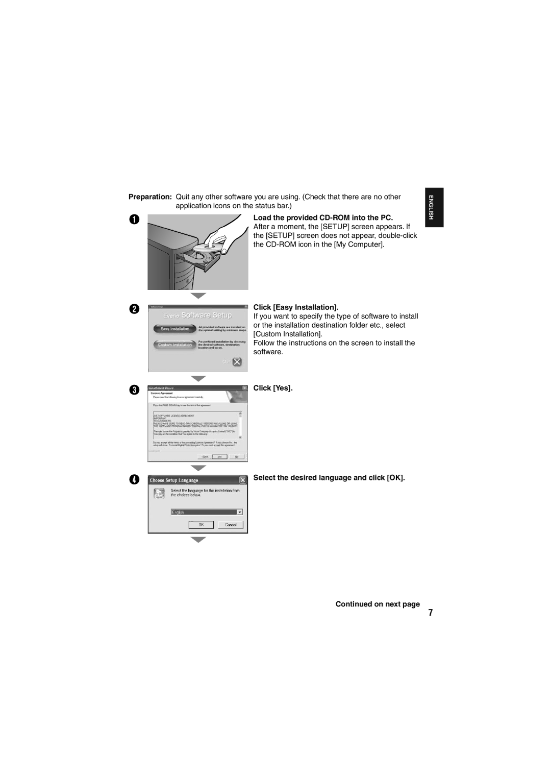 JVC GZ-MG130E/EK, GZ-MG155E/EK Click Easy Installation, Click Yes Select the desired language and click OK On next 