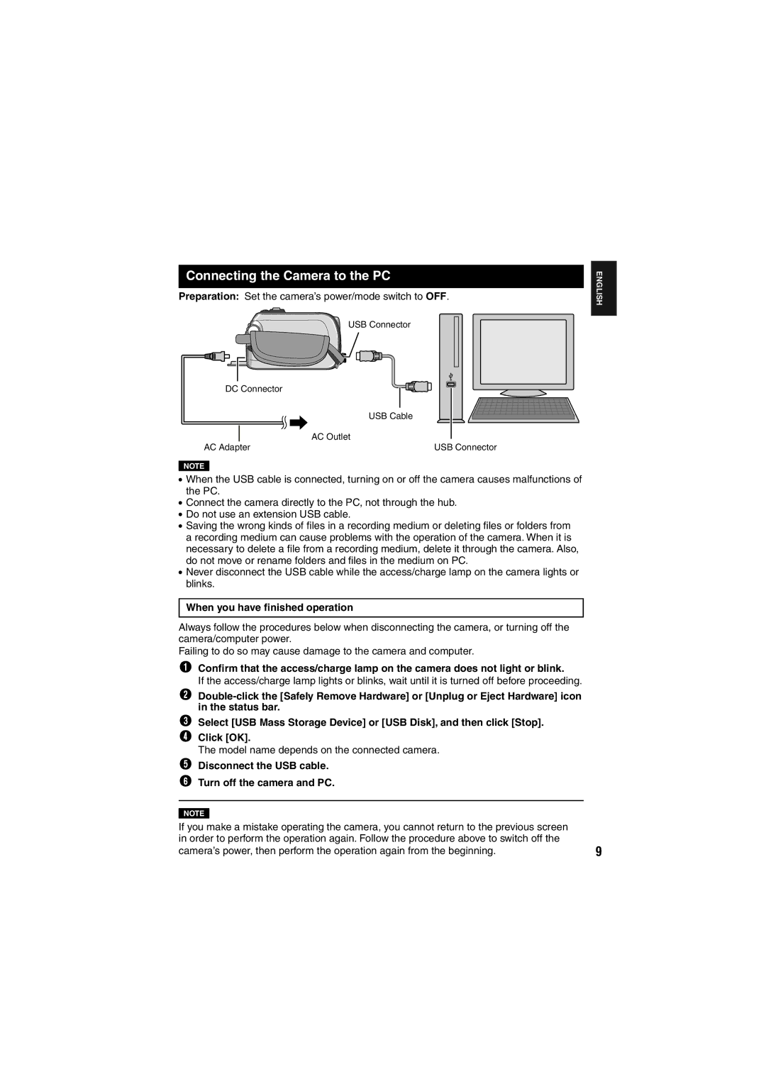 JVC GZ-MG275E/EK, GZ-MG155E/EK, GZ-MG135E/EK, GZ-MG130E/EK Connecting the Camera to the PC, When you have ﬁnished operation 