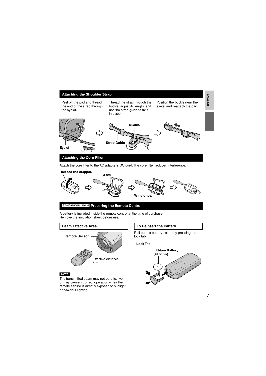 JVC GZ-MG130E/EK, GZ-MG155E/EK Attaching the Shoulder Strap, Attaching the Core Filter, Preparing the Remote Control 