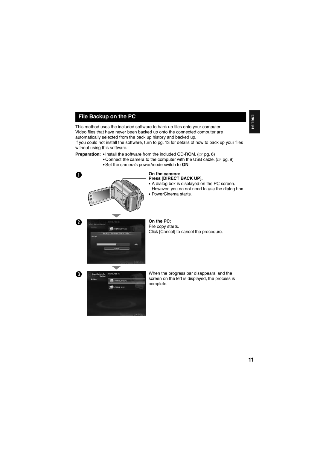 JVC GZ-MG135E/EK, GZ-MG155E/EK File Backup on the PC, Press Direct Back UP, Click Cancel to cancel the procedure 