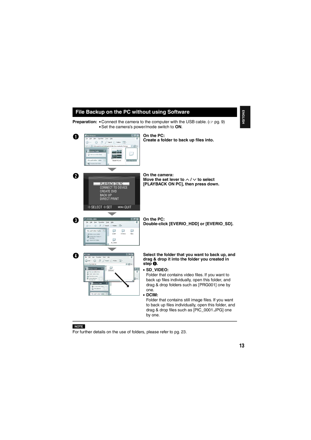 JVC GZ-MG255E/EK, GZ-MG155E/EK File Backup on the PC without using Software, Create a folder to back up ﬁles into 