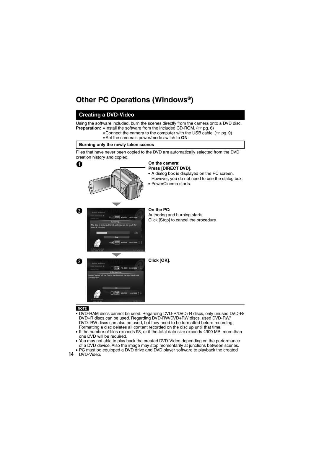 JVC GZ-MG275E/EK, GZ-MG155E/EK Other PC Operations Windows, Creating a DVD-Video, Burning only the newly taken scenes 