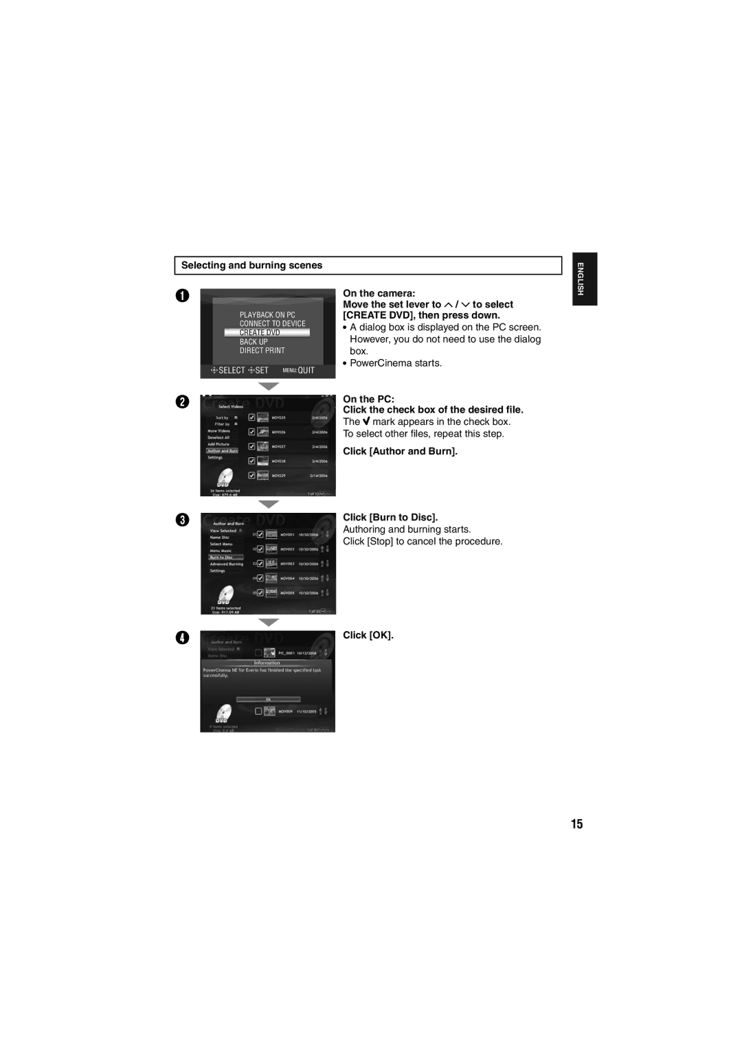 JVC GZ-MG155E/EK, GZ-MG135E/EK, GZ-MG130E/EK Selecting and burning scenes, Click Author and Burn Click Burn to Disc 