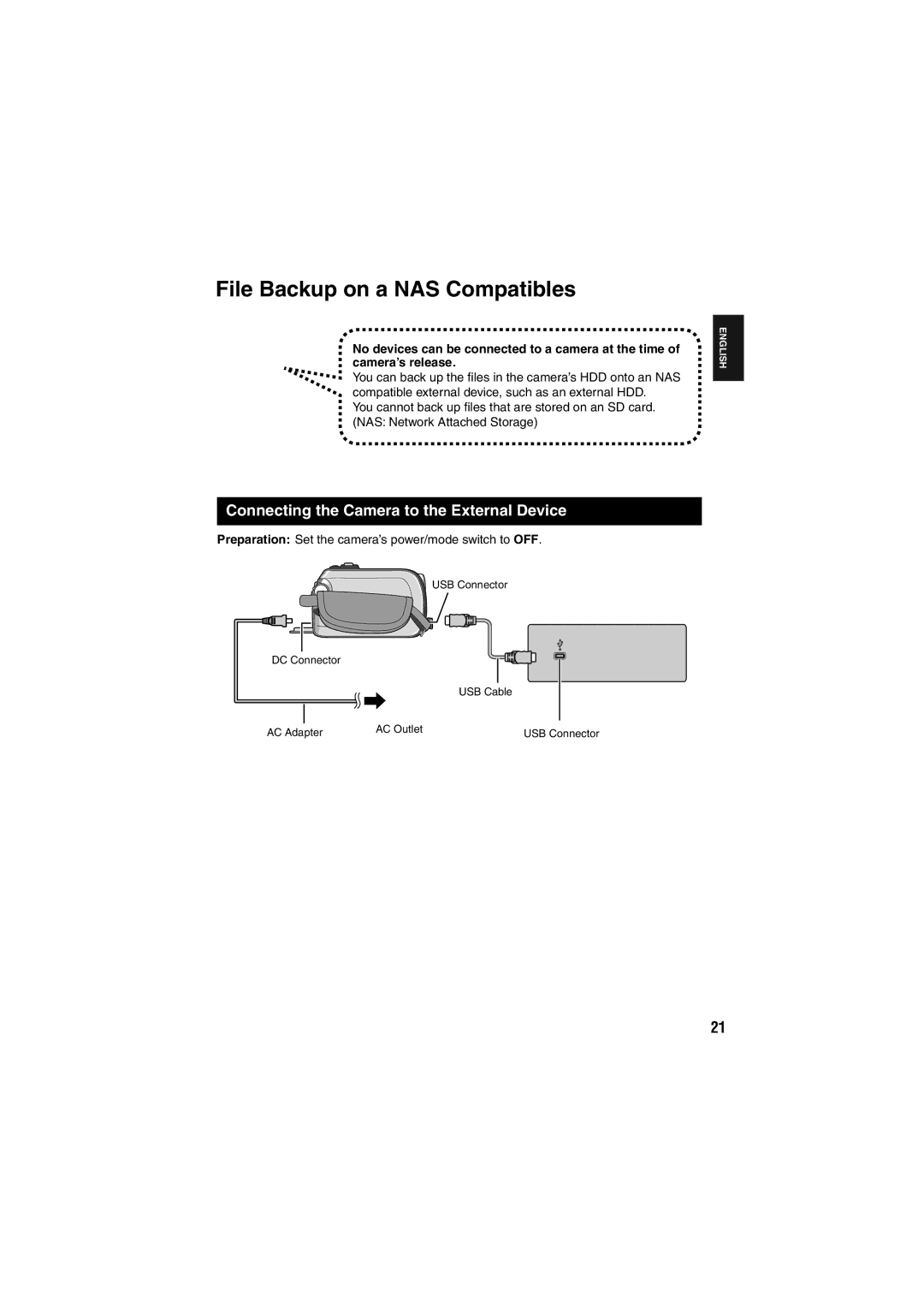 JVC GZ-MG135E/EK, GZ-MG155E/EK, GZ-MG130E/EK File Backup on a NAS Compatibles, Connecting the Camera to the External Device 