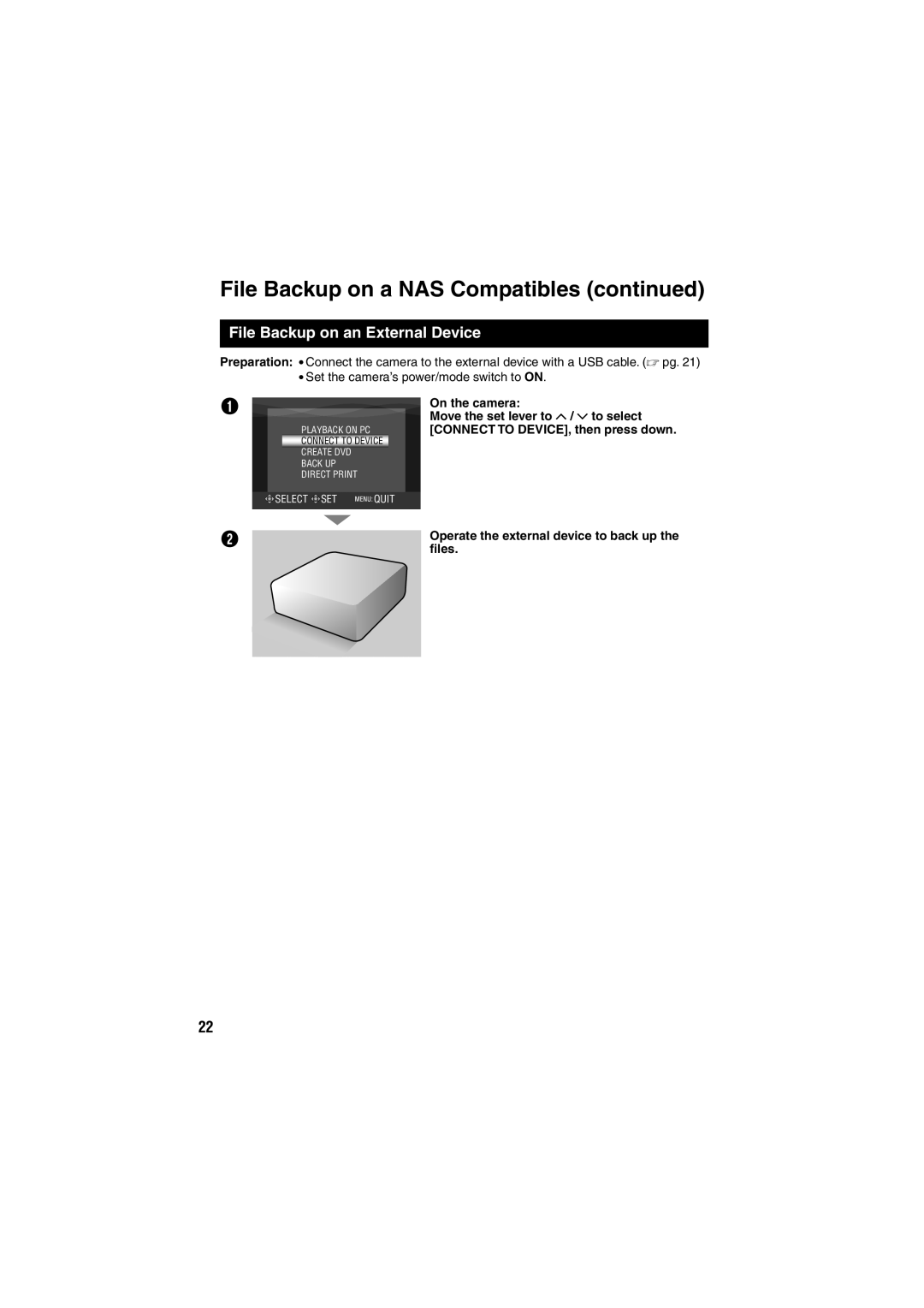 JVC GZ-MG130E/EK, GZ-MG155E/EK File Backup on an External Device, On the camera, Move the set lever to ¡ / ¢ to select 