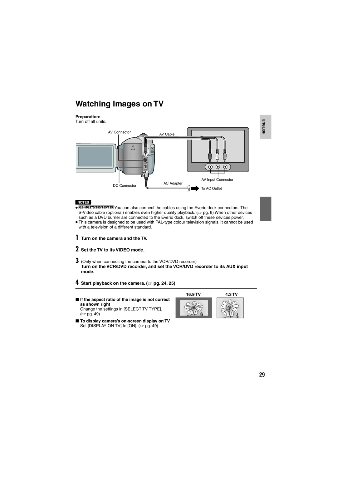 JVC GZ-MG275E/EK Watching Images on TV, Turn on the camera and the TV 2 Set the TV to its VIDEO mode, Preparation, 169 TV 