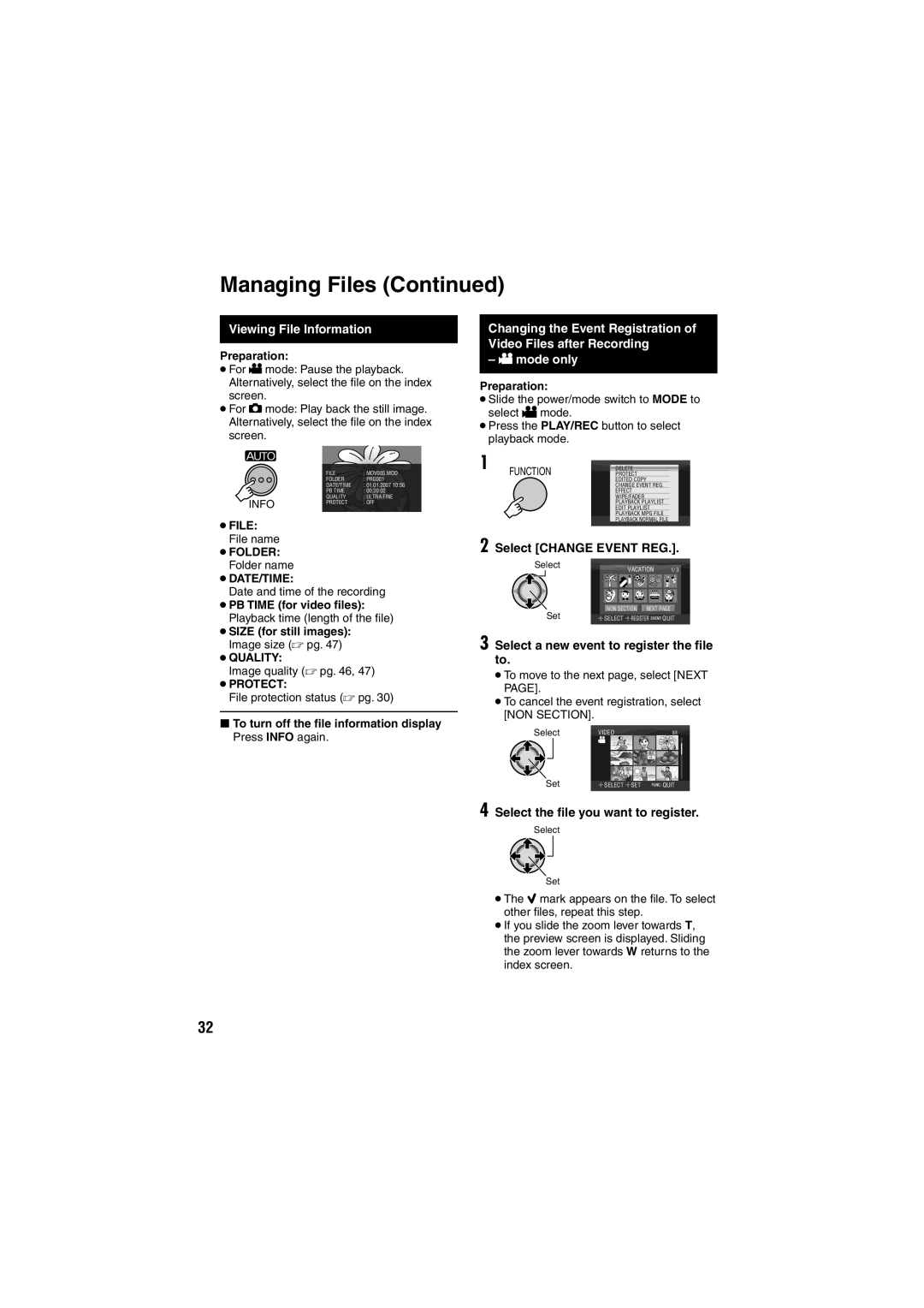JVC GZ-MG130E/EK Managing Files Continued, Viewing File Information, mode only, Select CHANGE EVENT REG, Preparation 