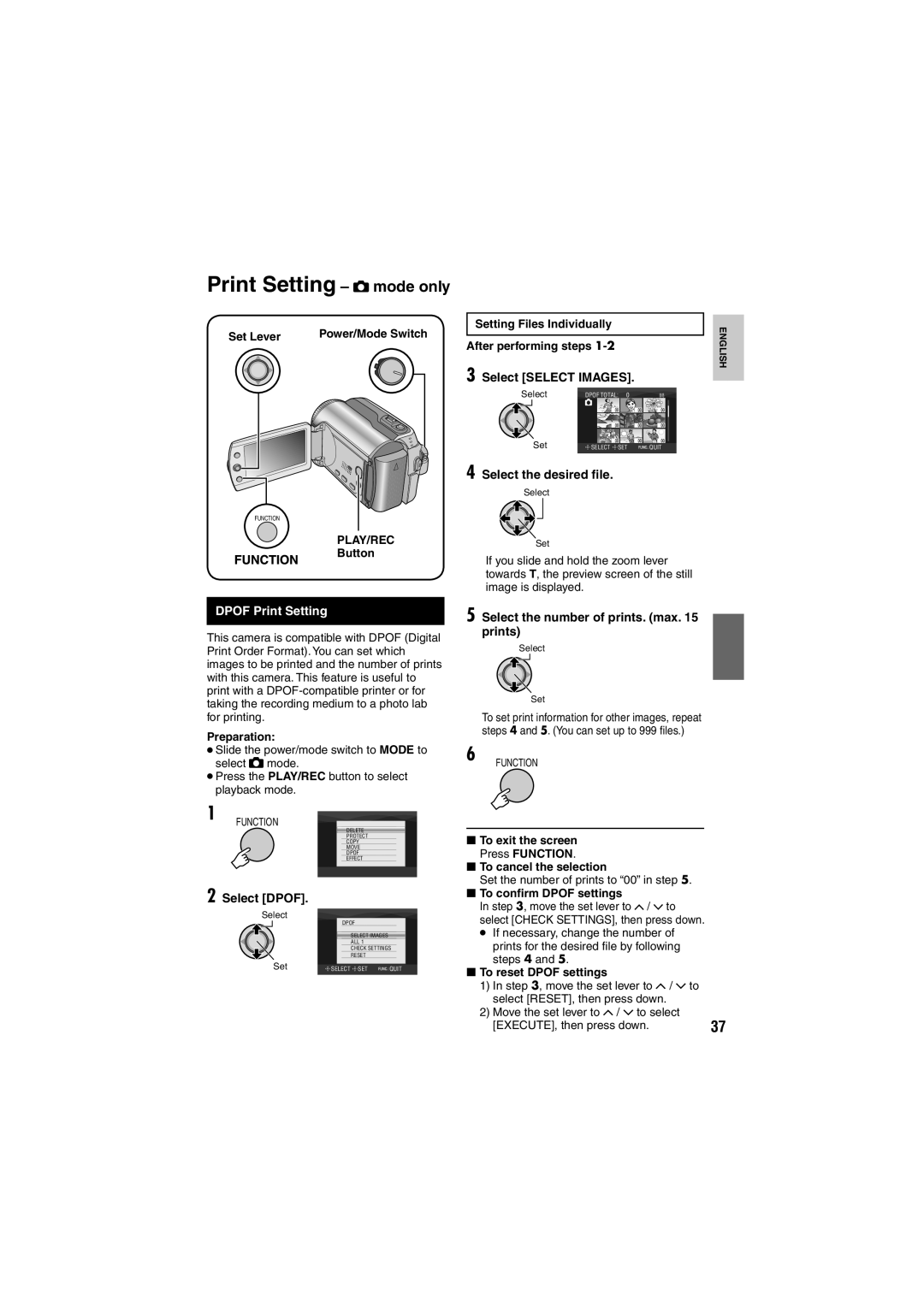 JVC GZ-MG130E/EK Print Setting - # mode only, Select SELECT IMAGES, Select the desired ﬁle, DPOF Print Setting, Set Lever 