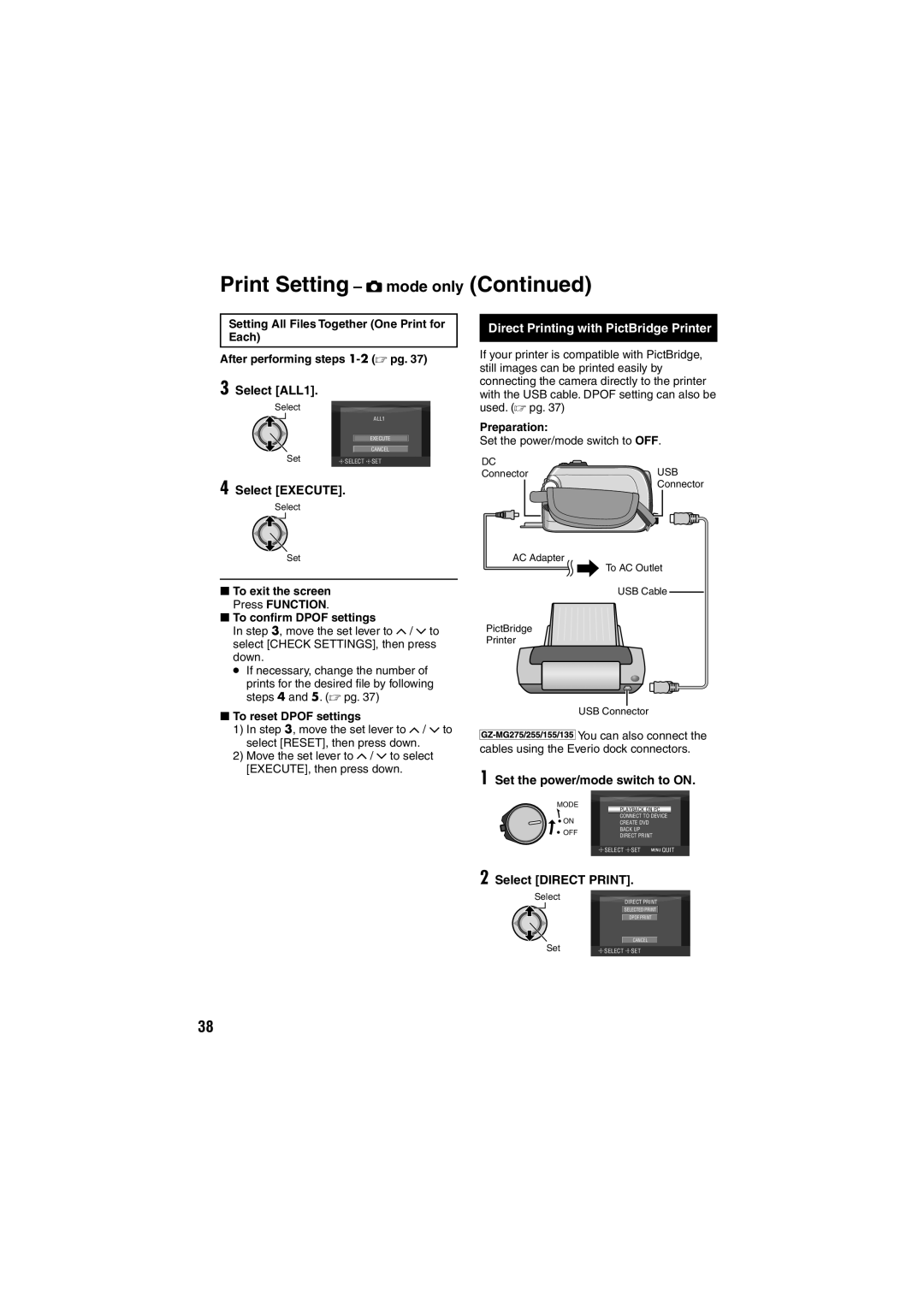 JVC GZ-MG255E/EK Print Setting - # mode only Continued, Select EXECUTE, Direct Printing with PictBridge Printer 