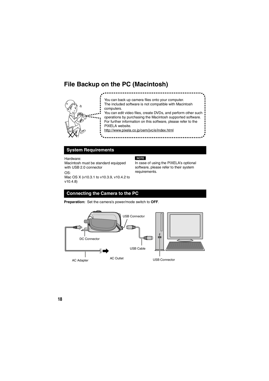 JVC GZ-MG255E/EK, GZ-MG155E/EK File Backup on the PC Macintosh, System Requirements, Connecting the Camera to the PC 