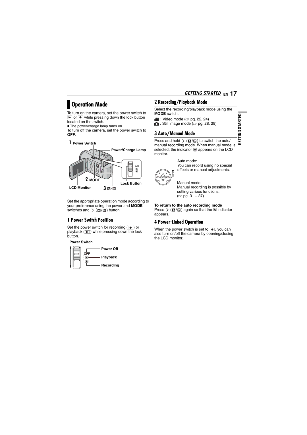 JVC GZ-MG20AH, GZ-MG20AS, GZ-MG20AC Operation Mode, Recording/Playback Mode, Power Switch Position, Power-Linked Operation 