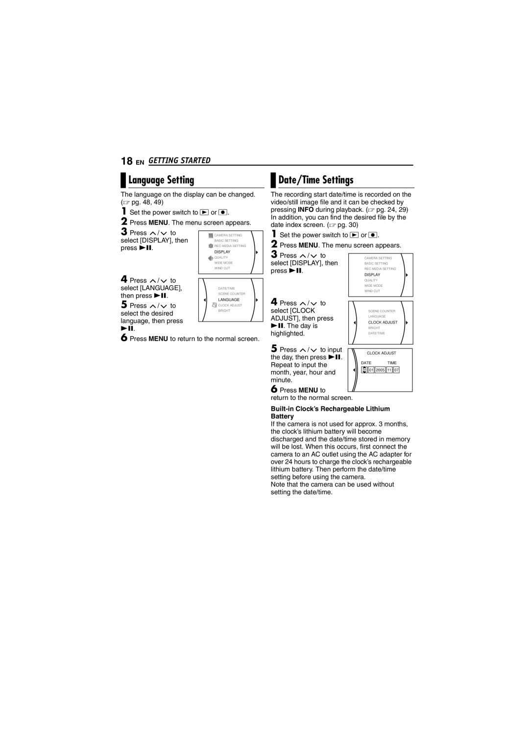 JVC GZ-MG40AC, GZ-MG20AS, GZ-MG20AC Language Setting Date/Time Settings, Day, then press, Repeat to input Month, year, hour 