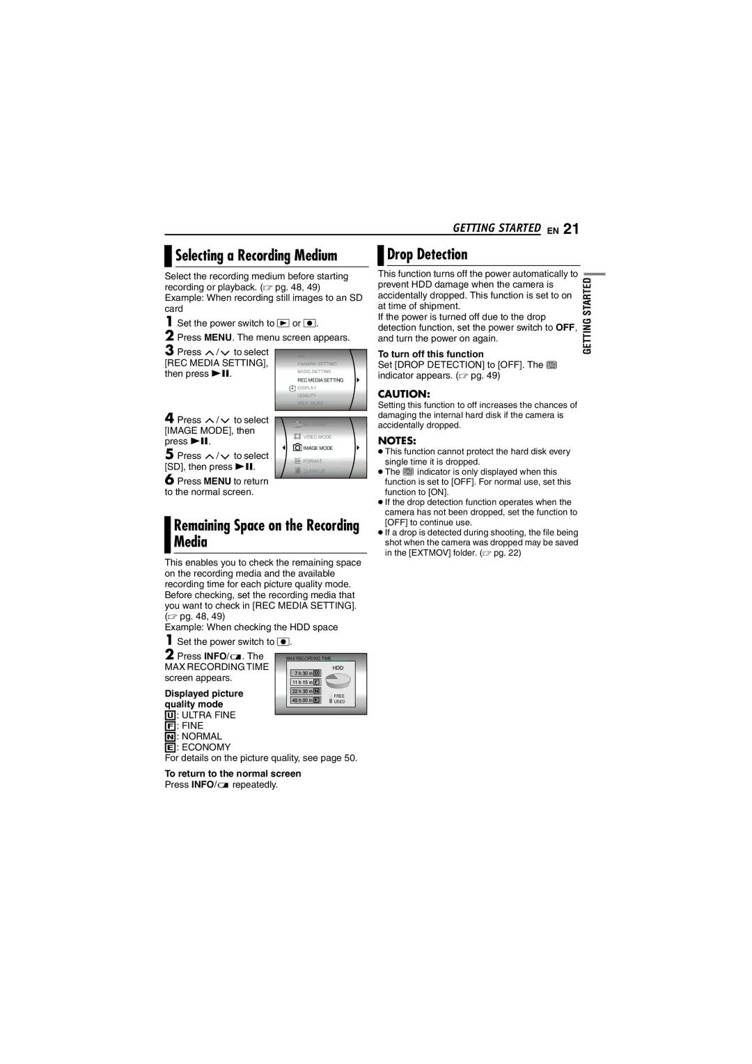 JVC GZ-MG50AH, GZ-MG20AS, GZ-MG20AC Drop Detection, Remaining Space on the Recording Media, Selecting a Recording Medium 