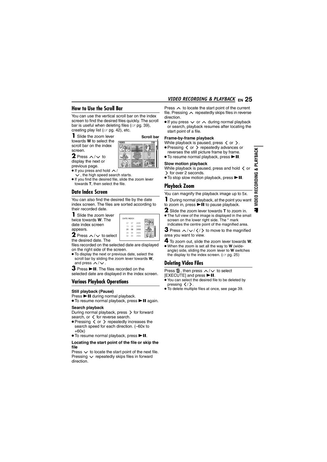 JVC GZ-MG20AC, GZ-MG20AS How to Use the Scroll Bar, Date Index Screen, Deleting Video Files, Various Playback Operations 