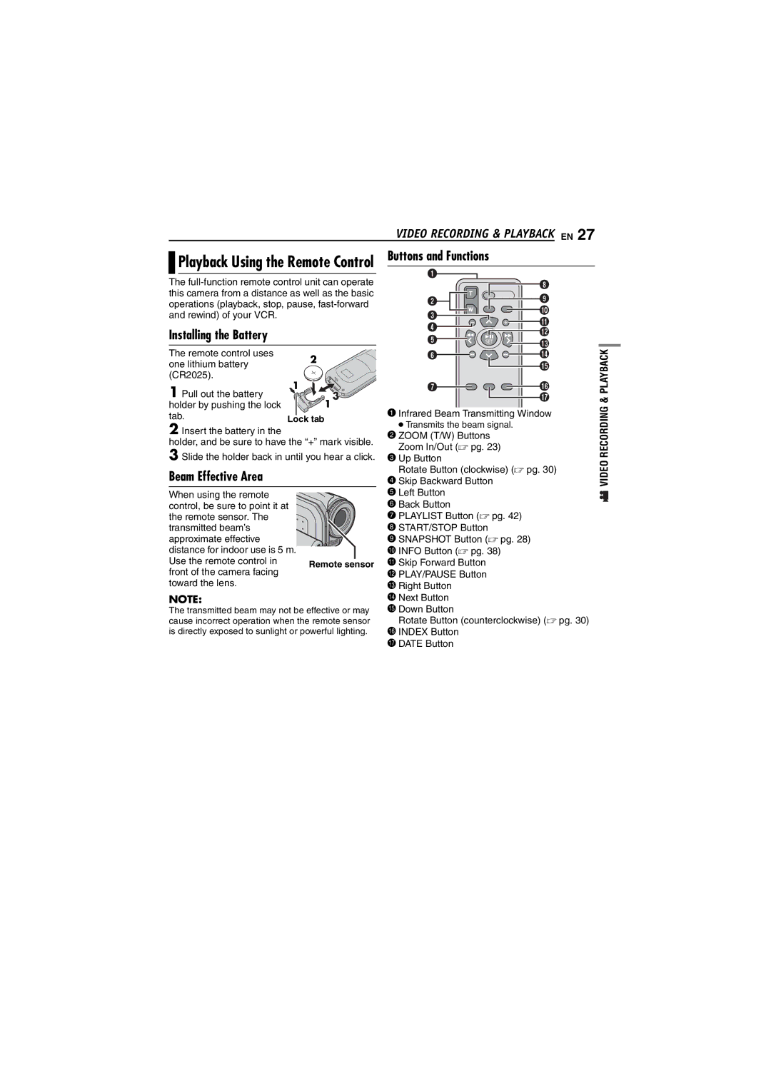 JVC GZ-MG20AG manual Playback Using the Remote Control Buttons and Functions, Beam Effective Area, Installing the Battery 