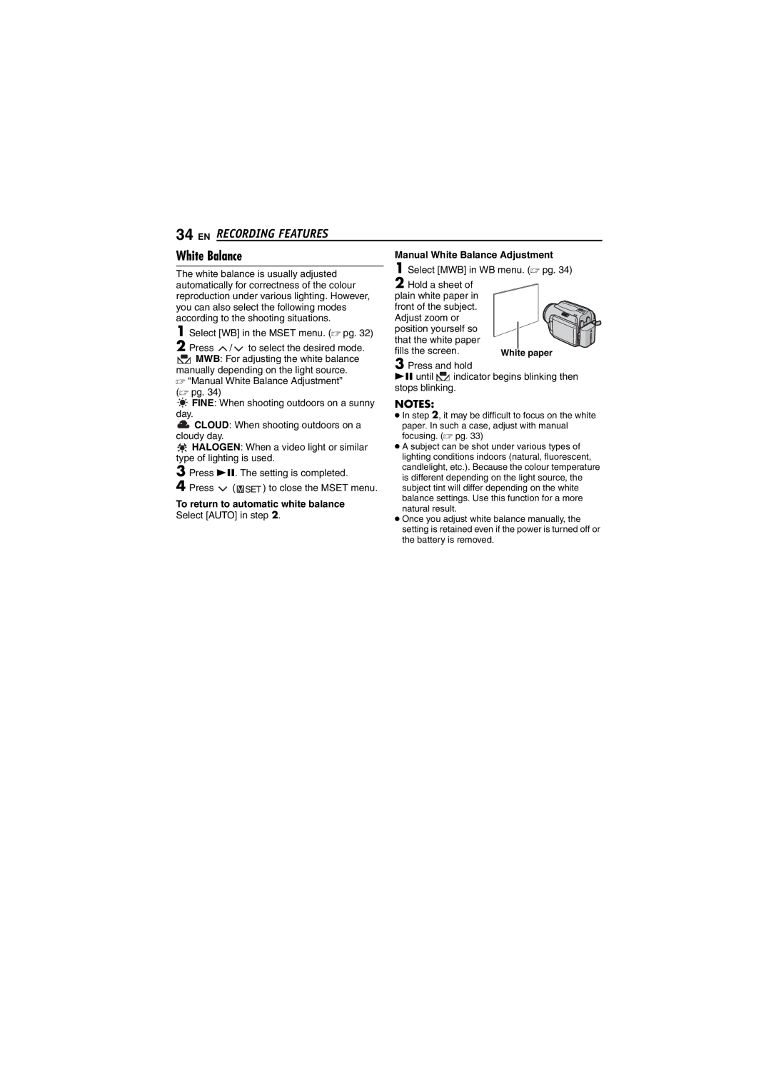 JVC GZ-MG50AG manual Cloud When shooting outdoors on a, Halogen When a video light or similar, Type of lighting is used 