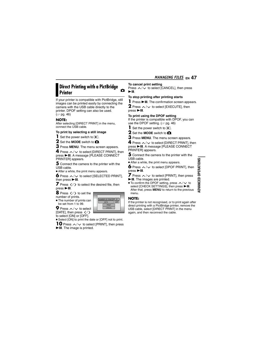 JVC GZ-MG20AA Printer, Direct Printing with a PictBridge, To cancel print setting, To stop printing after printing starts 