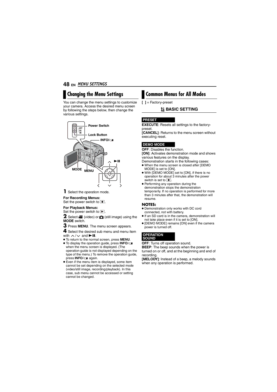 JVC GZ-MG20AS manual Changing the Menu Settings, Common Menus for All Modes, Select the operation mode, For Recording Menus 