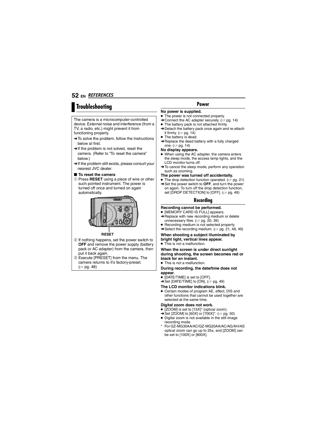 JVC GZ-MG30AA, GZ-MG20AS, GZ-MG20AC, GZ-MG30AC, GZ-MG20AG, GZ-MG20AH, GZ-MG40AC, GZ-MG50AA Troubleshooting, Power, Recording 