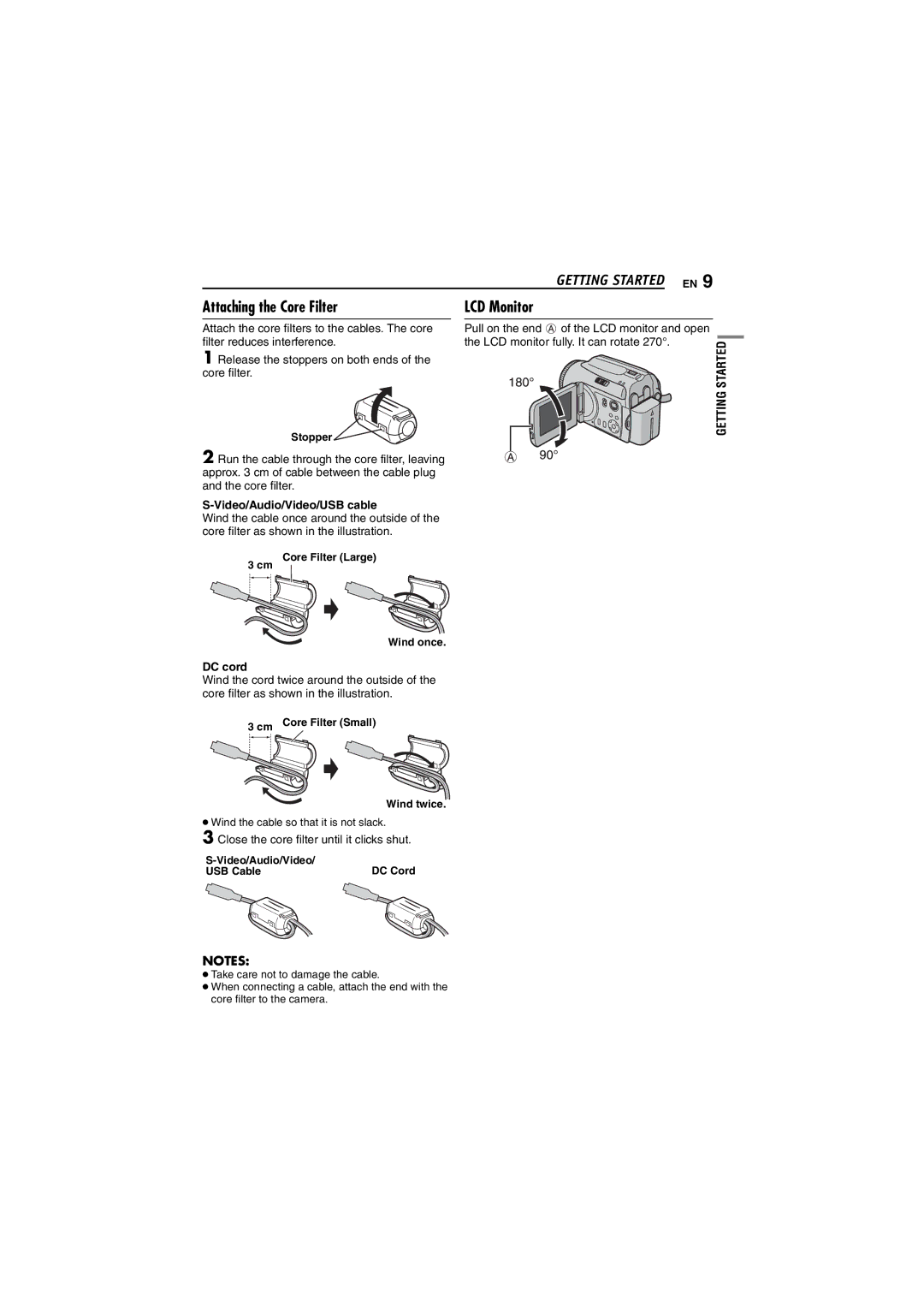 JVC GZ-MG50AH Attaching the Core Filter, Video/Audio/Video/USB cable, DC cord, Close the core filter until it clicks shut 